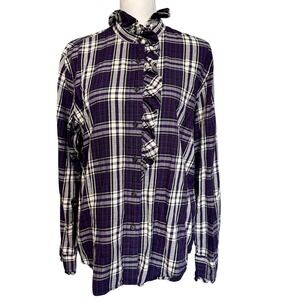 Lauren Ralph Lauren Purple Plaid Ruffle Button Down Shirt Womens XL Cotton